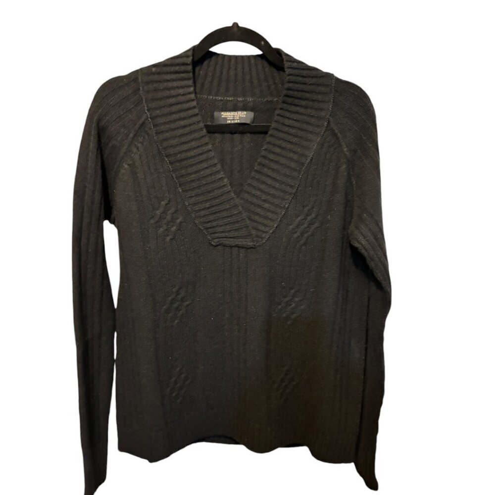 AllSaints Spitalfields Lambswool Angora V Neck Cable Sweater Black